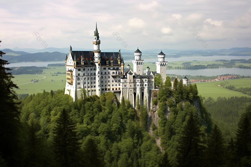 蓝天白云下的田野上绿树环绕的欧洲城堡,高清,摄影图,摄影图片,图片大全,摄影图免费下载